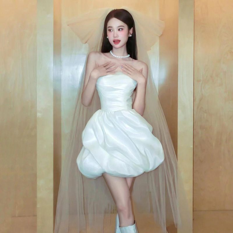 Petite French Style Satin Strapless Wedding Dress White Morning Robe Short Dress for Marriage Registration And Engagement_ecoleips.com