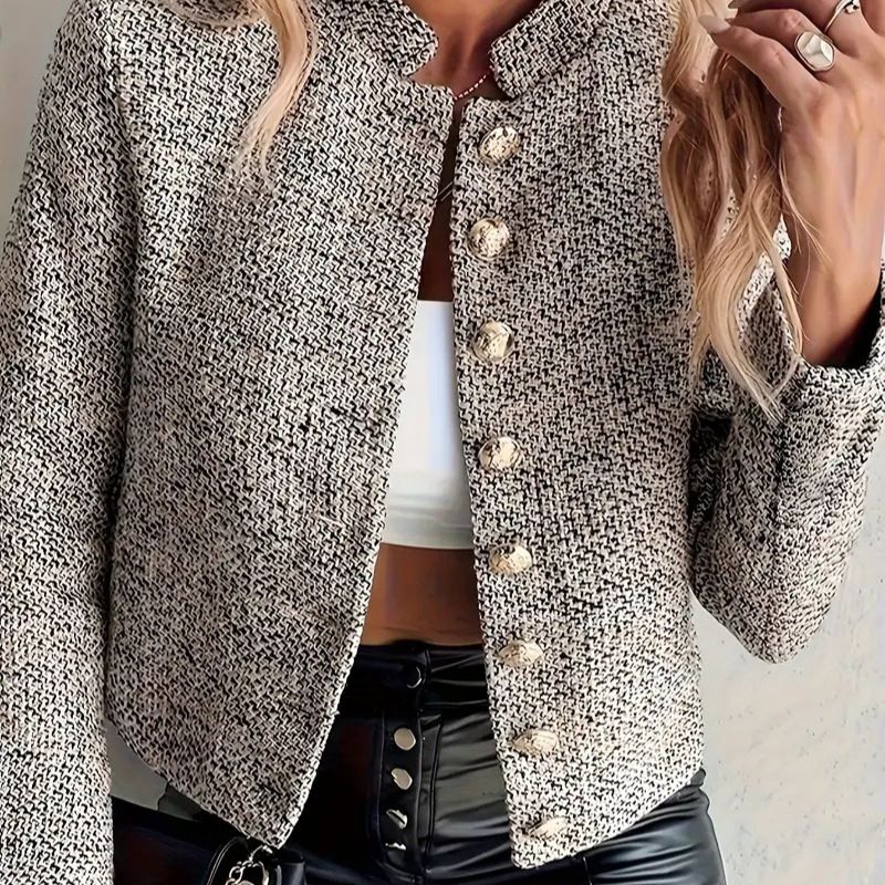 Women's Short Sleeveless Jacket – Elegant Tweed Cropped Blazer With Notched Collar & Button Front (Chic Beige Houndstooth Pattern)_ecoleips.com
