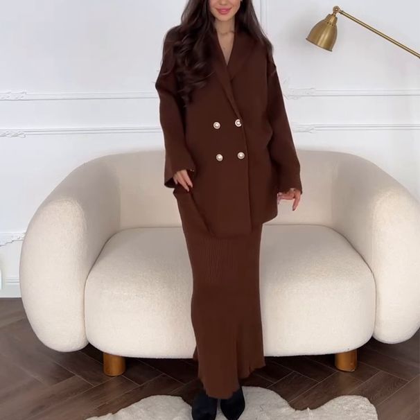Elegant Solid Color Button-Up Cardigan & Skirt Set For Women - Office Chic Long Sleeve Knitwear Outfit_ecoleips.com