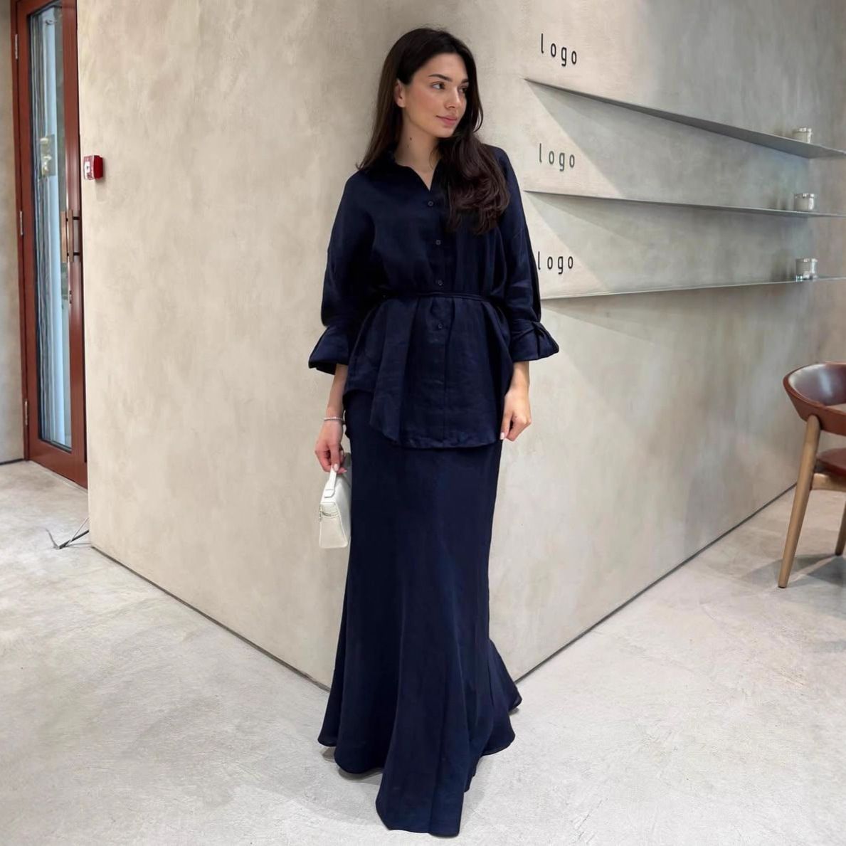 Elegant Women's Tie-Waist Knit Cardigan And Pencil Skirt Set Neutral Color Office Casual Wear Clothing Set_ecoleips.com