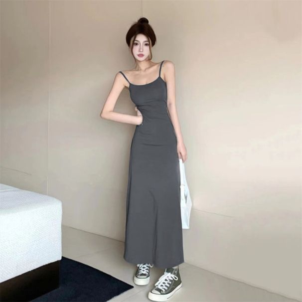 2025 Summer Spicy Girl Elastic Strap Women Sleeveless Off-Shoulder Waist Slimming One-Shoulder Base Long Dress_ecoleips.com