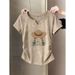 Women's Cotton V-Neck Short Sleeve T-Shirt – Khaki Casual T-Shirt With Waist Pleats & Tailored Fit_ecoleips.com