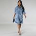 K Large Size Women's New Denim Ripped Tassel Short Sleeved Lapel Dress_ecoleips.com