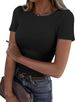 Women's Clothing Fashion Short Sleeve Elastic Round Neck Ribbed Slim Fit T Shirt Tops_ecoleips.com