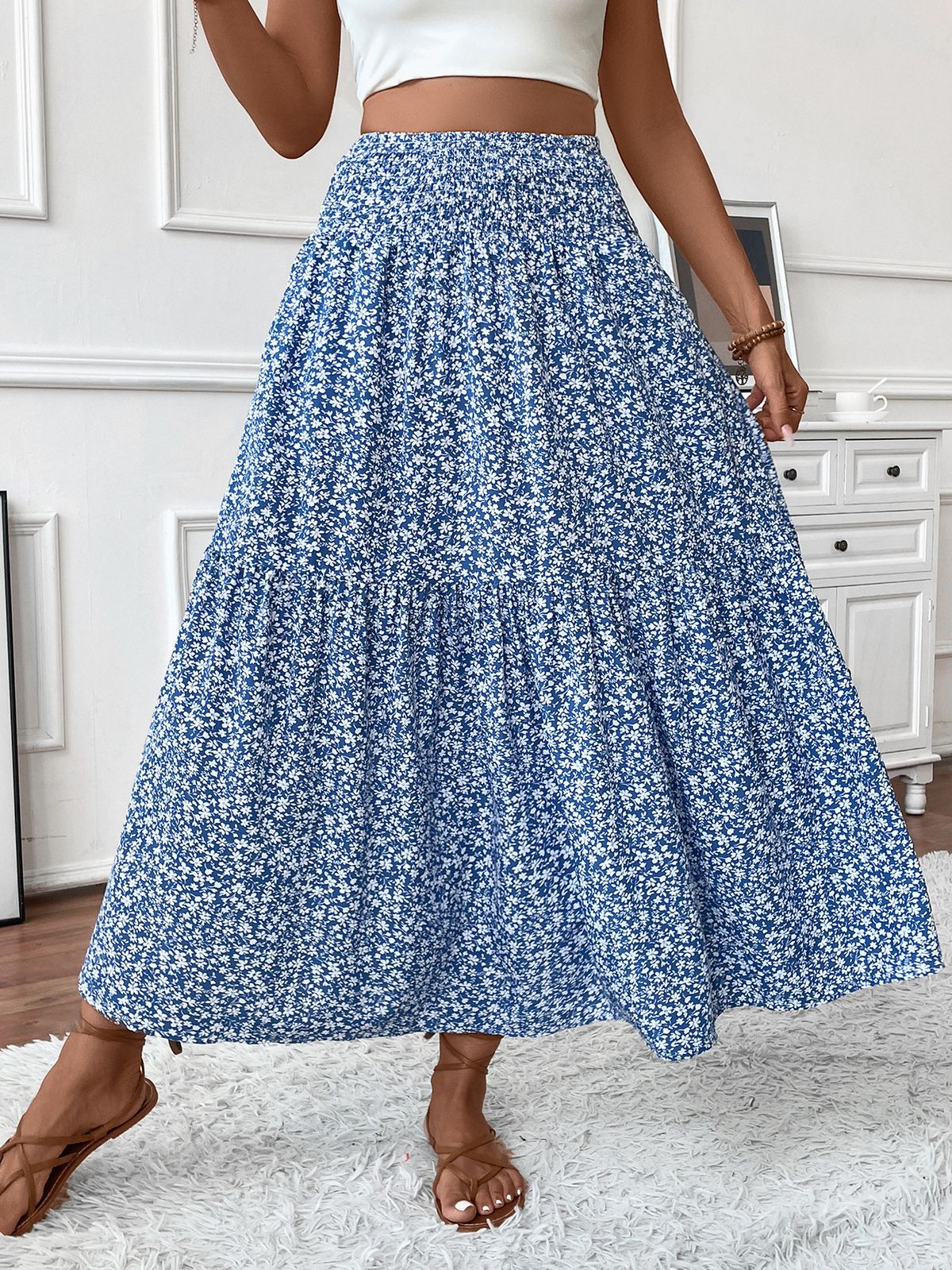 Women's Clothing Small Floral Three Layer Splicing Long Skirt High End Women's A Line Skirt_ecoleips.com