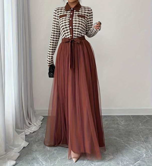 Women's Waist-Cinching Tie, Color-Blocking Women's Long-Sleeve Mesh Patchwork Dress_ecoleips.com