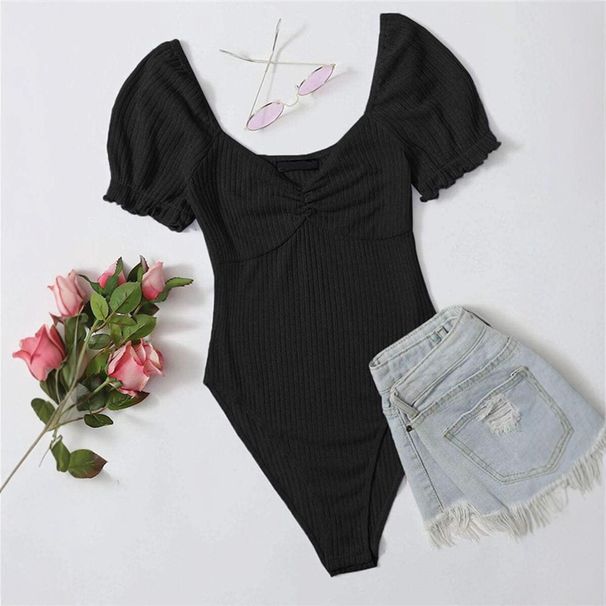 Women's Slim Fit Ruffled Trim Solid Color Bodysuit Fashionable European American Style Niche Design Wholesale_ecoleips.com