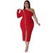Plus Size Mesh Long Sleeve Dress With Side Slit, Asymmetric Neckline And Zipper Detail For Elegant Occasions_ecoleips.com
