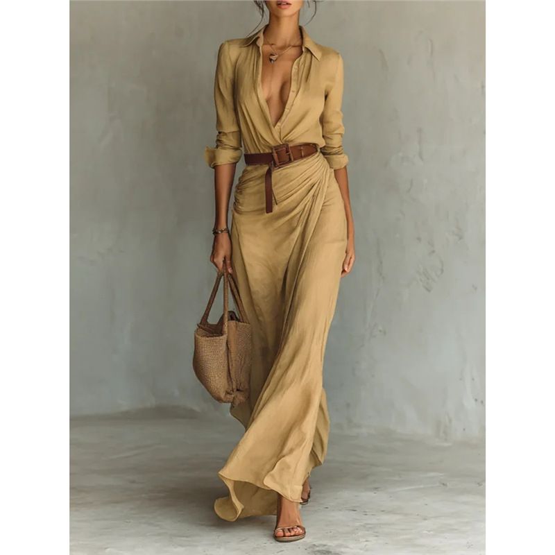 Women's Elegant Sexy Solid Color Dress Autumn Irregular Design With Belt European American Style_ecoleips.com