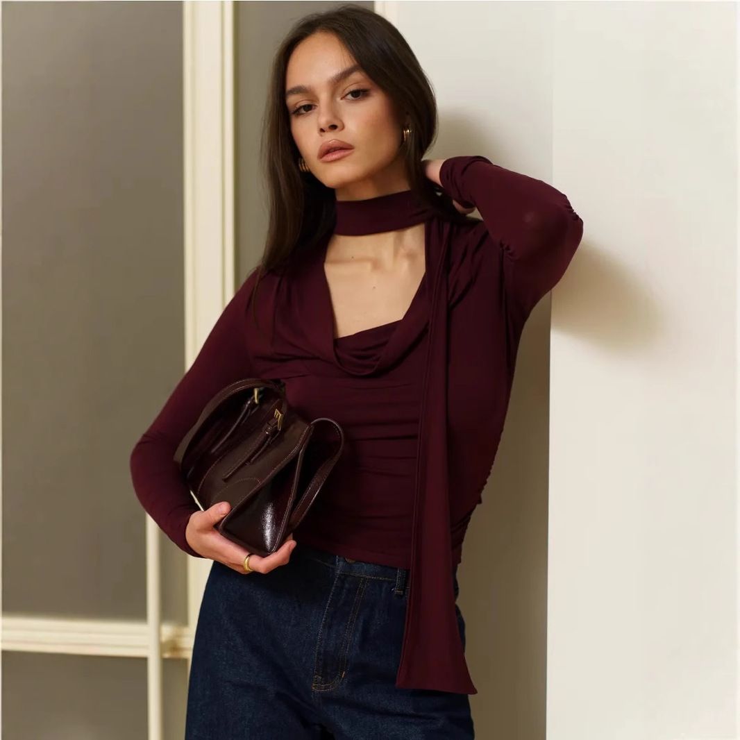 Spicy Mature Style Women's T-Shirt with Ribbon V Neck Long Sleeved Base Layer Short Pleated Inner Design Fashionable Top_ecoleips.com