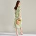 25 Summer French V-neck Fresh Green Printed Lantern Sleeve Waist-cinching Split Vacation Style Long Dress 15695_ecoleips.com