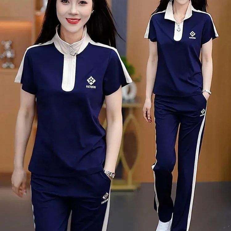Women's Clothing Women's Stylish High-End Patchwork Sports Suit Set Summer Casual Collared Two Piece Set For Petite Figures Running_ecoleips.com