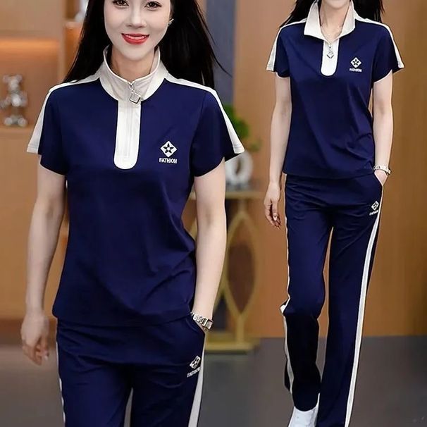 Women's Clothing Women's Stylish High-End Patchwork Sports Suit Set Summer Casual Collared Two Piece Set For Petite Figures Running_ecoleips.com