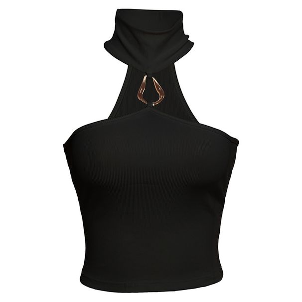 Slim-Fit Halter Neck Crop Top For Women, Sexy Ribbed Knit Sleeveless Shirt, Summer Basic T-Shirt, Black & White_ecoleips.com