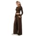 Voya Lazy Style Two-piece Brown Long Sleeved Short Cut Crop Top, Wide Leg Casual Pants, Fashionable And Comfortable Suit For Women_ecoleips.com