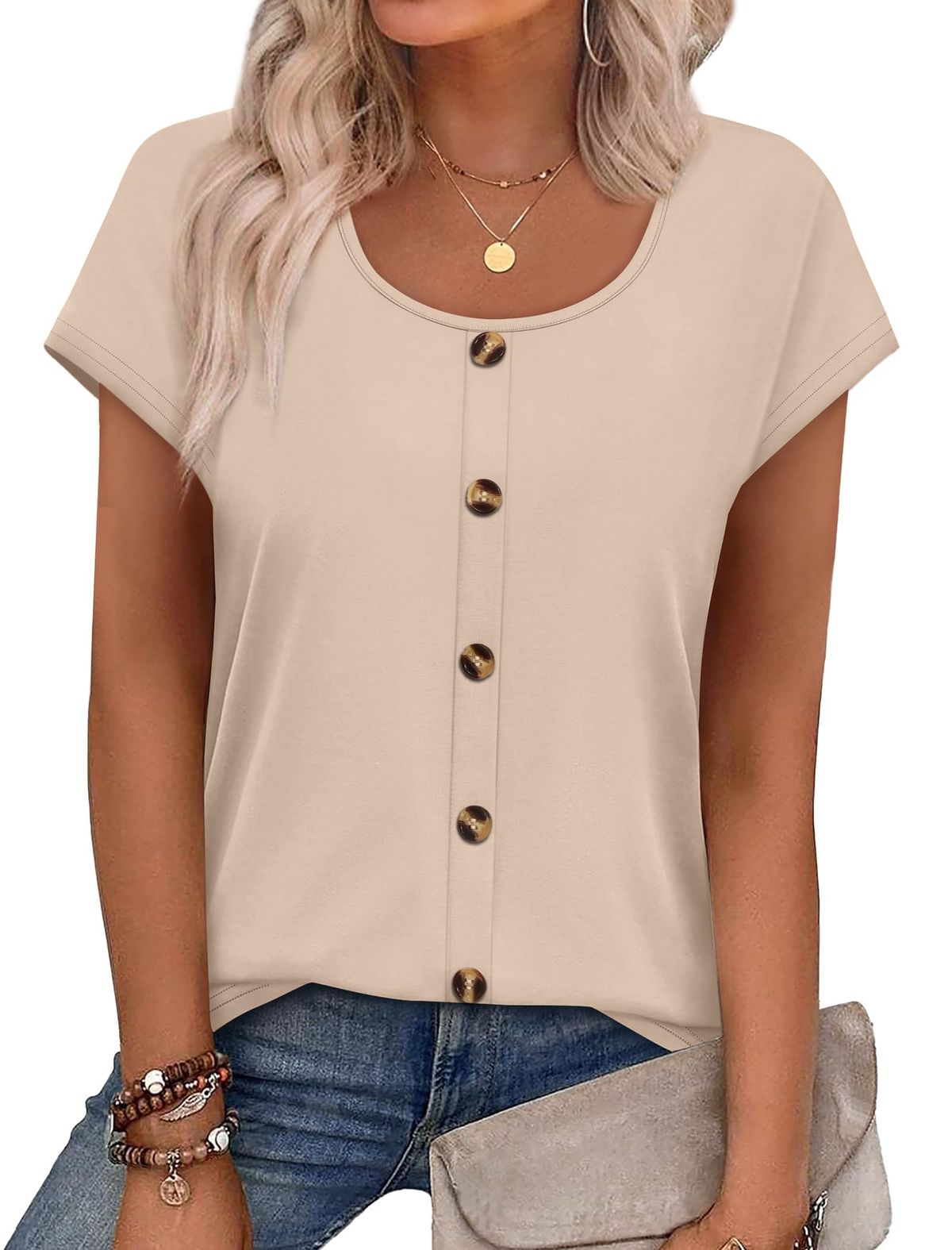 WIHOLL Womens Summer Tops Cap Short Sleeve Shirts Button Down Blouses U Neck T Shirts Fashion Clothing_ecoleips.com