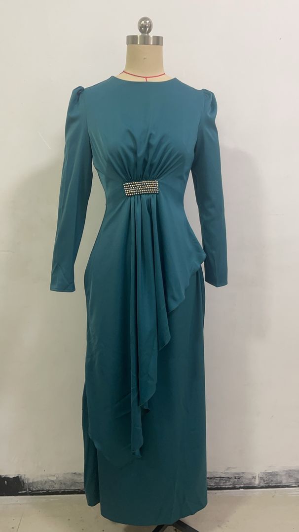 Luxury High-Waist Pleated Maxi Dress – Elegant Long-Sleeve Formal Gown With Adjustable Belt (Peacock Green, Blush Pink, Olive)_ecoleips.com
