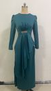 Luxury High-Waist Pleated Maxi Dress – Elegant Long-Sleeve Formal Gown With Adjustable Belt (Peacock Green, Blush Pink, Olive)_ecoleips.com