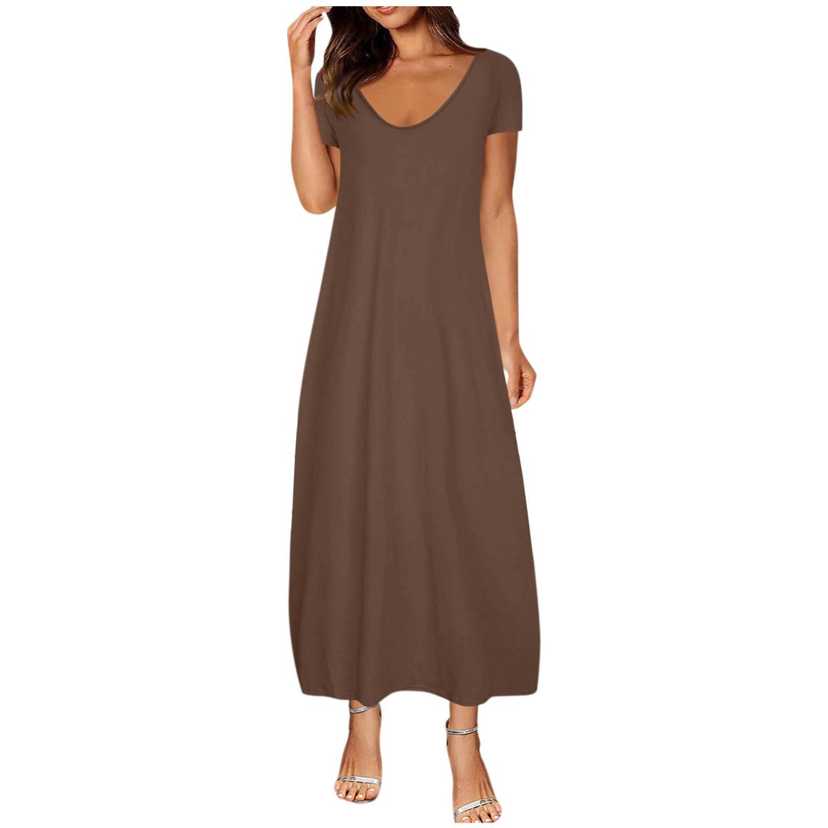 Plus Size V-Neck Summer Dress – Stretchy Milk Silk Fabric, Flowy High-Waist Design, 14 Colors (S-5xl)_ecoleips.com