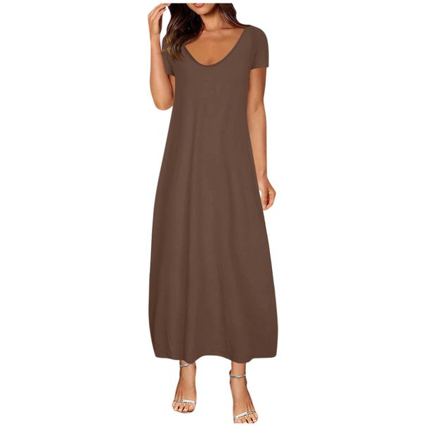 Plus Size V-Neck Summer Dress – Stretchy Milk Silk Fabric, Flowy High-Waist Design, 14 Colors (S-5xl)_ecoleips.com