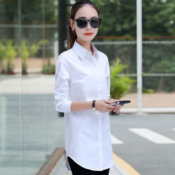Women's Clothing Medium Length Long Sleeved Korean Version Loose Versatile Student Base Bf Shirt Large Size Navy Blue Wine Red_ecoleips.com