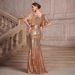 Women's Clothing New V Neck Mid Sleeve Solid Color Summer Sequins Elegant Slim Fishtail Skirt Ladies Evening Dress_ecoleips.com