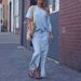 Women's Autumn Winter Silk Imitation Denim Pant Set Off-Shoulder T-Shirt And Slit Skirt Two-Piece Outfit European American Fashion_ecoleips.com