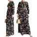 Elegant Muslim Abaya Dress With Belt Long Sleeve Flowy Maxi Dress For Women, Modest Islamic Fashion, Breathable Polyester, Print Design (Black, S-XXL)_ecoleips.com