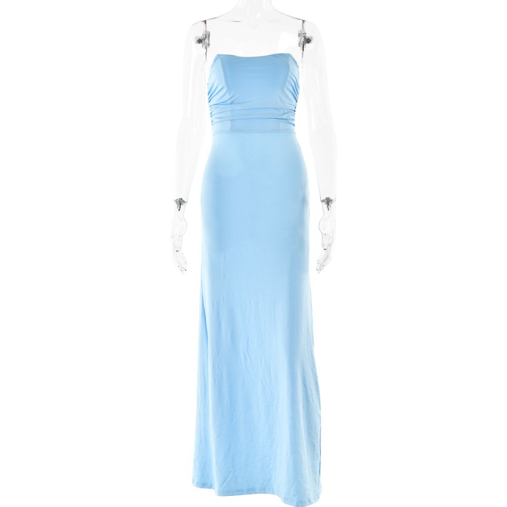 Women's Clothing Dress Tube Top Backless Strappy Pleated Long Skirt Sexy Fashion Slim Dress_ecoleips.com
