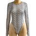 Women's Sexy Slightly Sheer Long Sleeve Bodysuit round Neck Print Mesh Tight Fitting New Style Jumpsuits Rompers_ecoleips.com