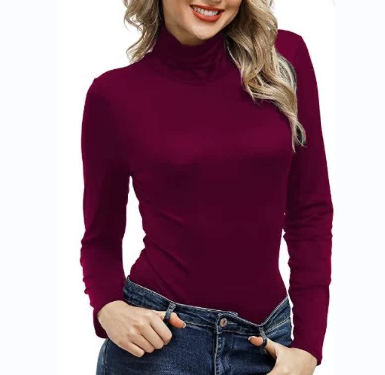 2025 Solid Color Urban Leisure High Collar Autumn Top Women's T-shirt_ecoleips.com