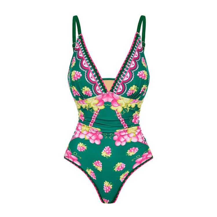 Women's Retro Printed Long Sleeve Swimsuit - Deep V Neck One-Piece Swimwear_ecoleips.com