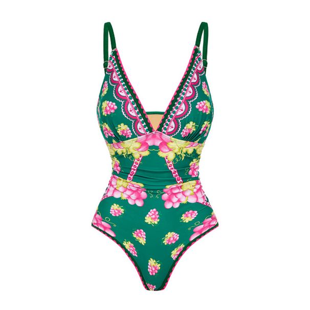 Women's Retro Printed Long Sleeve Swimsuit - Deep V Neck One-Piece Swimwear_ecoleips.com