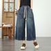 Retro Artistic Style Simple Loose Solid Color Denim Wide-Leg For Women 2025 Autumn Casual Pants Wholesale_ecoleips.com