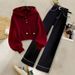 Lazy Chic Women's Outfit - Oversized Red Sweater & High-Waisted Straight Leg Pants Set (Casual Polyester Two-Piece)_ecoleips.com