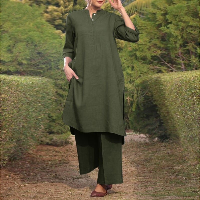 Women's Clothing Spring And Summer Large Size Women's Sportswear Cotton And Linen V Neck Sleeve Wide Brimmed Trousers 2 Piece Set_ecoleips.com