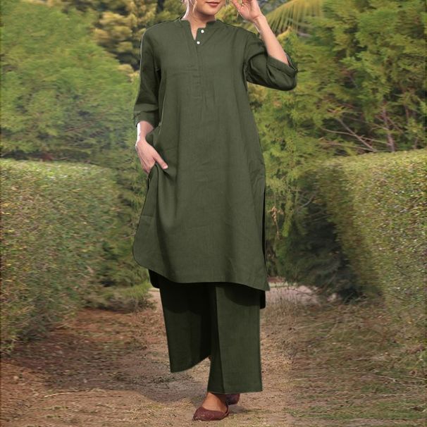Women's Clothing Spring And Summer Large Size Women's Sportswear Cotton And Linen V Neck Sleeve Wide Brimmed Trousers 2 Piece Set_ecoleips.com