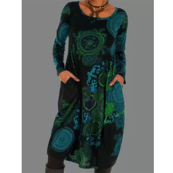 Bohemian Print Long Sleeve Maxi Dress – Ethnic Floral Pattern, Loose Fit, Round Neck, Plus Size Available_ecoleips.com