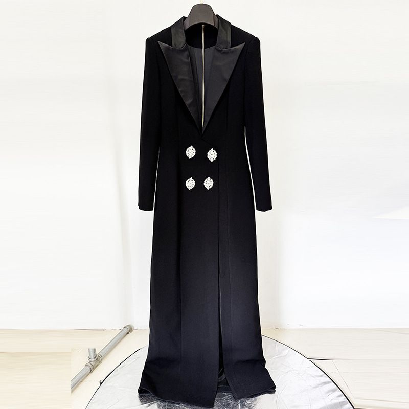 Women's Clothing Star Fashion Diamond Button Deep V Suit Collar Slit Long Dress Long Dress_ecoleips.com