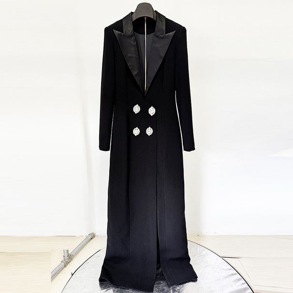 Women's Clothing Star Fashion Diamond Button Deep V Suit Collar Slit Long Dress Long Dress_ecoleips.com