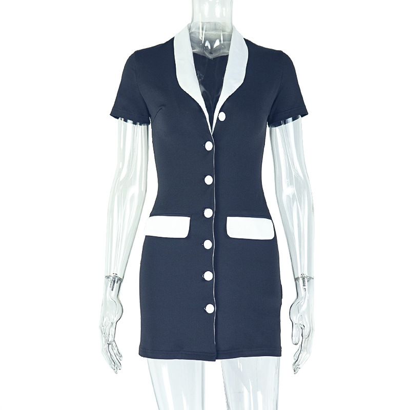 Fashion Women's Slimming Color Block Dress in Black And White with Cardigan European And American Style Short Button-Up Dress_ecoleips.com