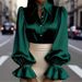 Elegant Women's Satin Shirt Long Sleeved Collared Puff Sleeve Solid Color_ecoleips.com