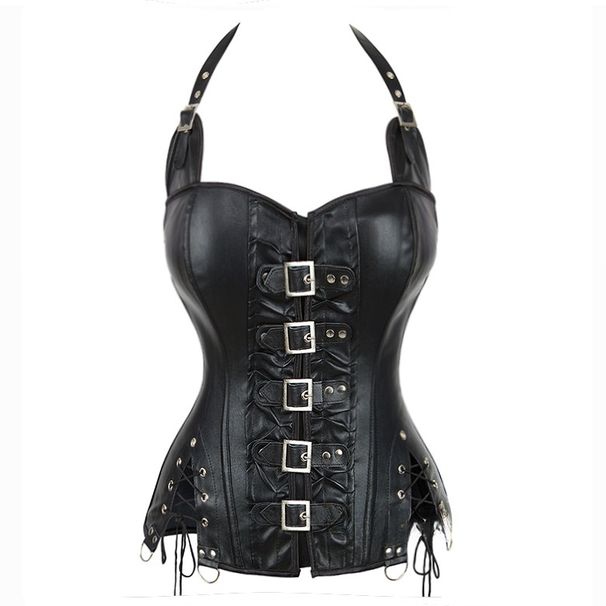 European And American Steampunk Shapewear Halter Neck Waist Cincher Slimming Vintage Gothic Leather Corset_ecoleips.com