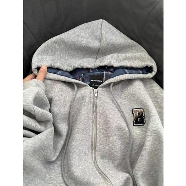Women's Clothing Retro Gray Plaid Hooded Cardigan Sweater Jacket Women Autumn And Winter New Loose Long Sleeved Top_ecoleips.com