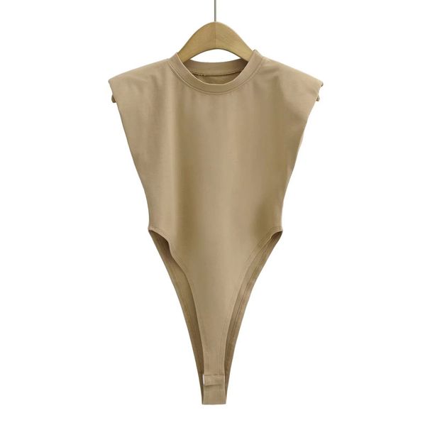 Women's European American Style Padded Shoulder Jumpsuit Solid Color Open Crotch Tight Fit T-Shirt Right Angle Summer Trend_ecoleips.com