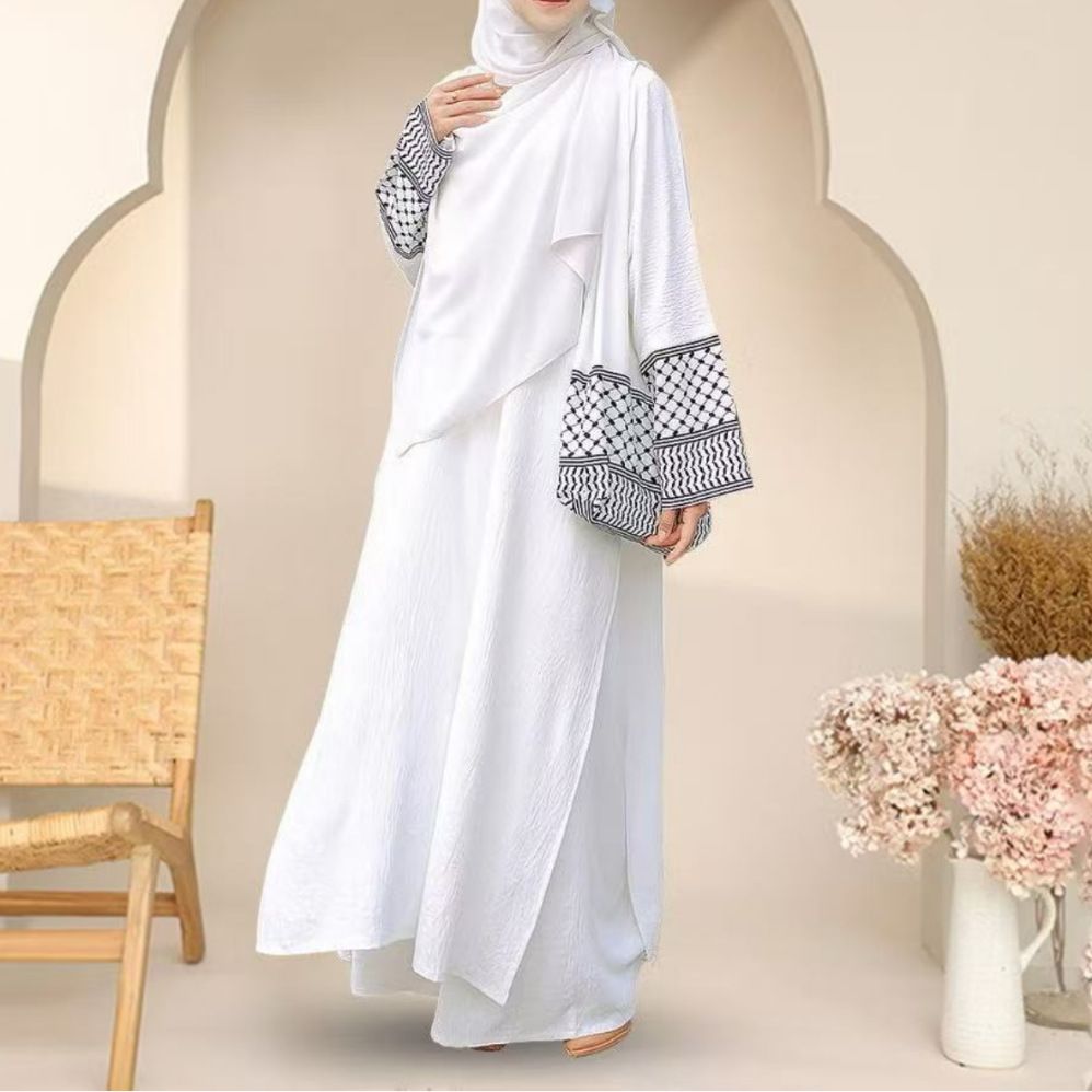 Verve 2025 New Three-Piece Muslim Solid Color Cotton Linen Wrinkled Fashion Loose Plus Size Robe_ecoleips.com