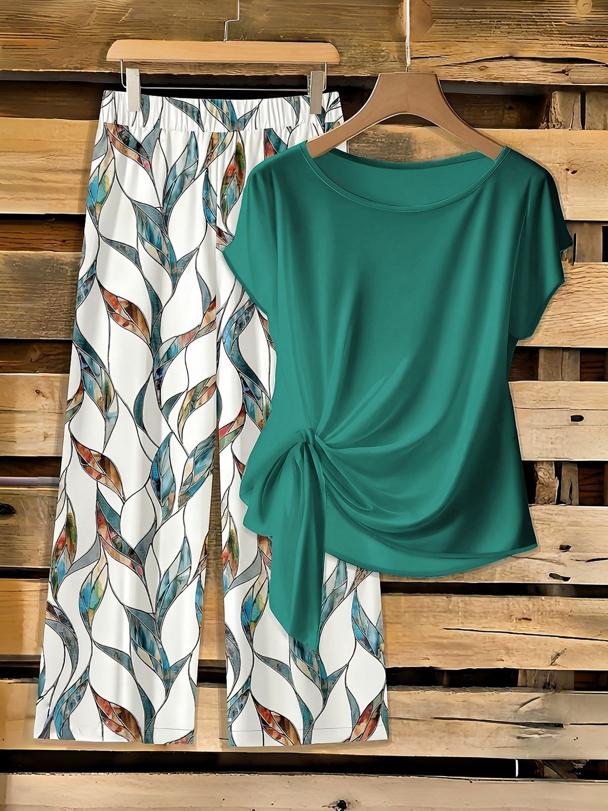 Women's Geometric Print Shirt And Pants Set - Relaxed Linen Blend Outfit For Summer And Early Fall_ecoleips.com