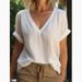 Women's Clothing V Neck Short Sleeved Cotton And Linen Women's Clothing Tops And Shirts_ecoleips.com