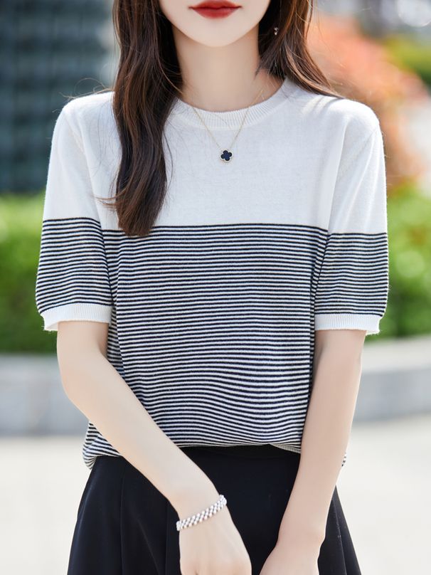 2026 Summer New Women 100% Cotton Knit Striped Round Neck T-Shirt Women Clothing Tops Short Sleeve Sweater Casual Basic Pullover_ecoleips.com