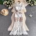 Elegant Lace Mermaid Evening Dress With Rhinestone Buttons - High Waist Tailored Fit Formal Gown For Women (Pink/Blue/White, S-Xxl)_ecoleips.com